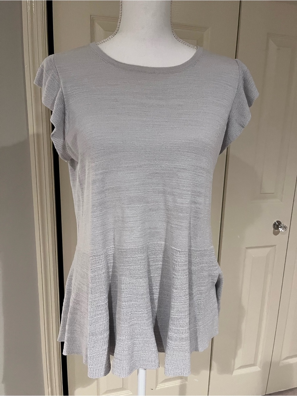 LOFT Light Gray Flutter Sleeve Cotton Knit peplum top